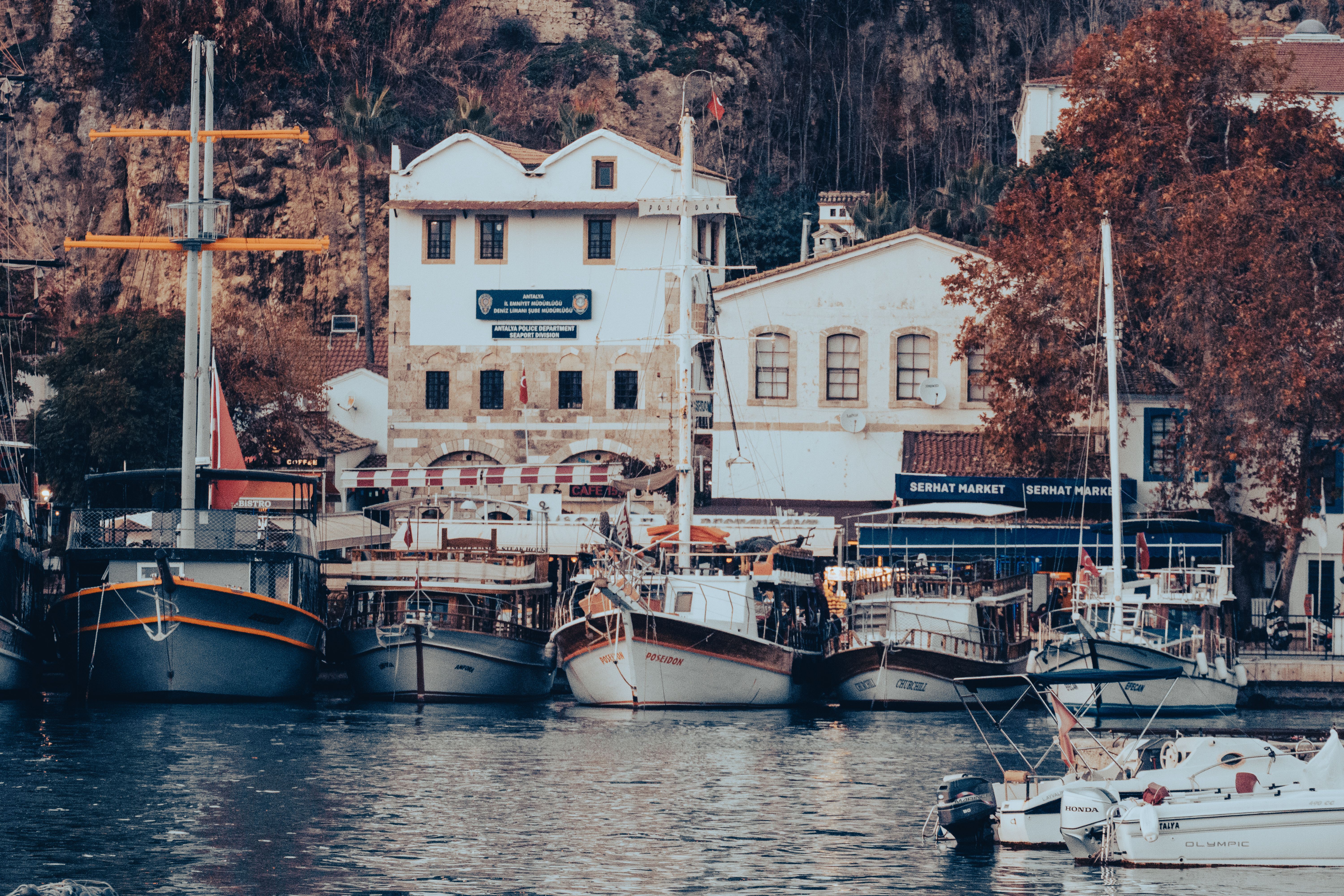 Picturesque harbor with docked boats and historic buildings framed by autumn foliage