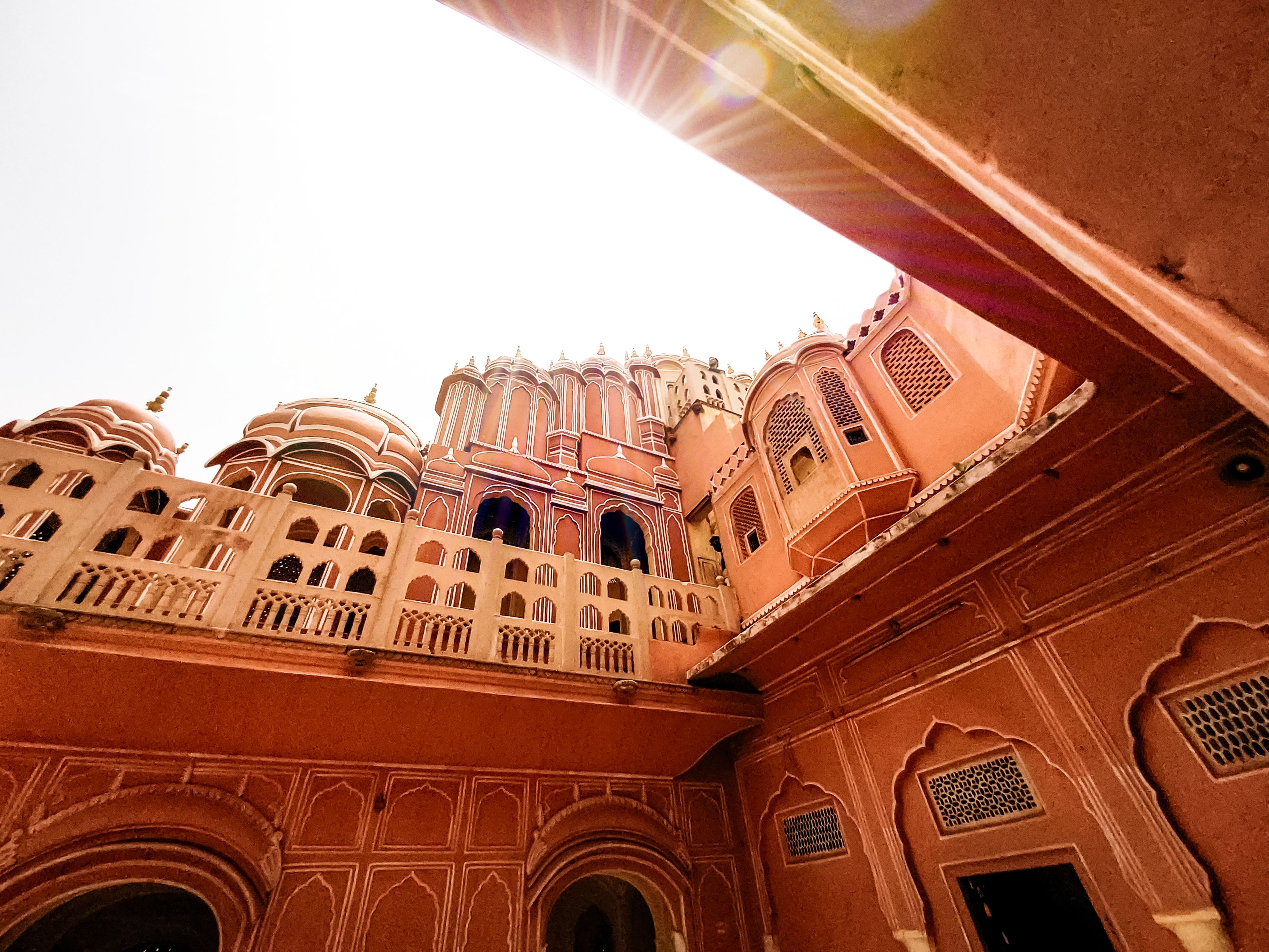 Low angle view of Hawa Mahal showing its ornate Rajput architecture in Jaipur, Rajasthan